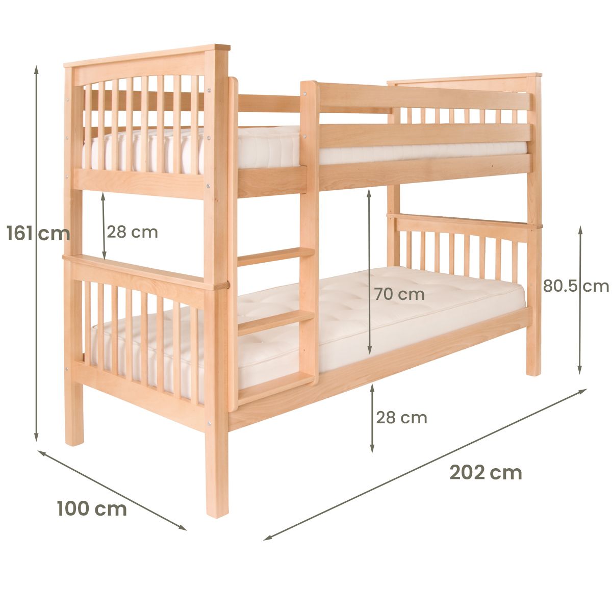 beech bunk bed in natural beech wood with dimensions 