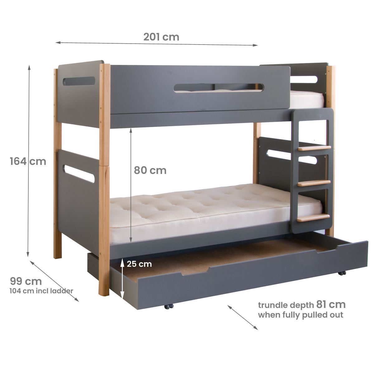 two tone beech and anthracite, modern style bunk bed with fitted ladder and pill shaped cut outs with dimension details 