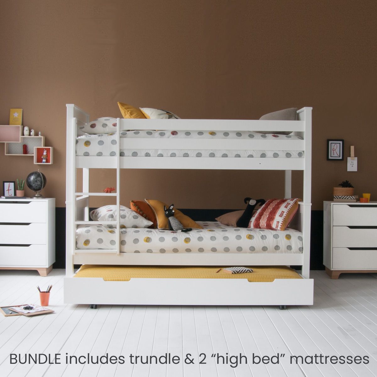 Classic Beech Detachable Bunk Bed, Trundle & Mattresses Bundle - Pure White