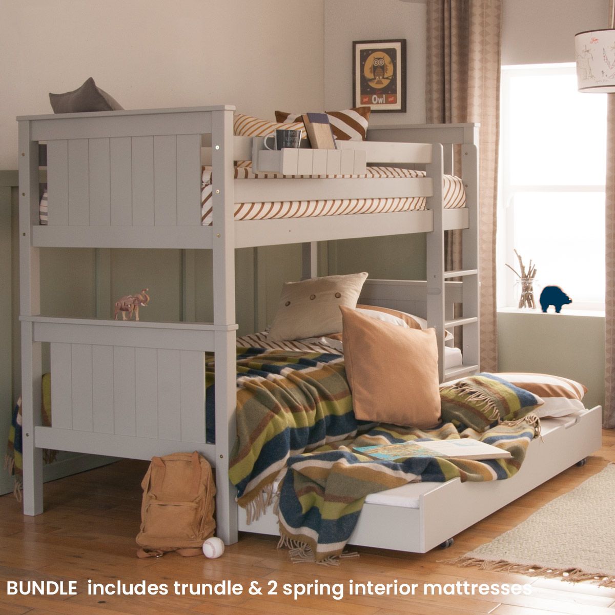 Classic Beech Detachable Bunk Bed, Trundle & Mattresses Bundle - Dove Grey