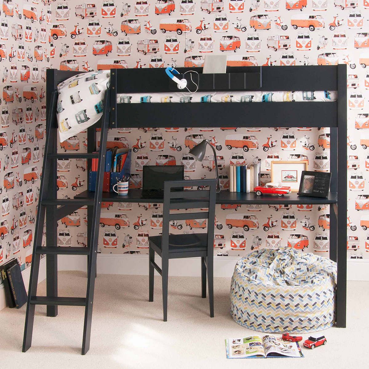 Fargo High Sleeper Loft Bed with Full Length Desk in Painswick Blue