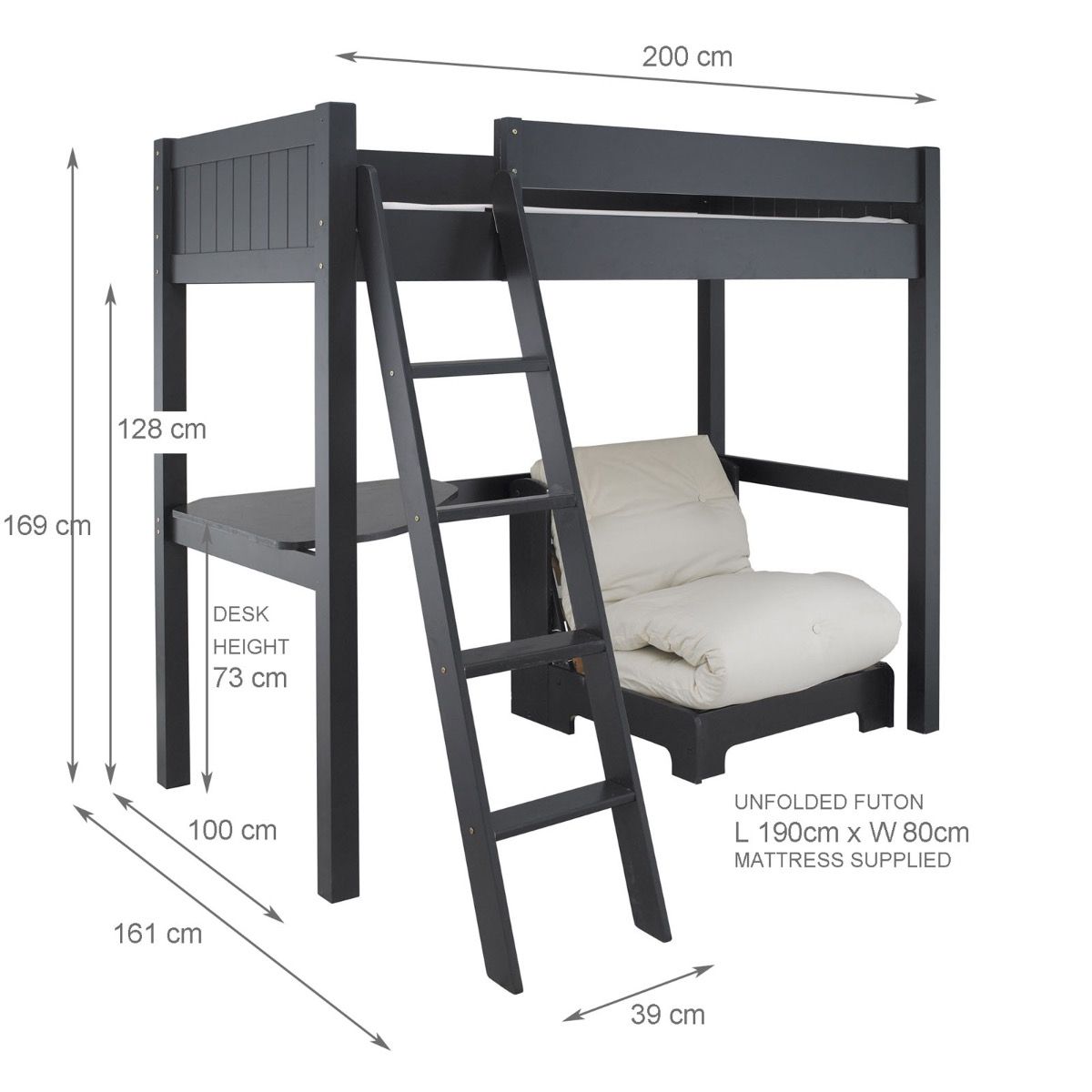 Fargo High Sleeper Loft Bed with Futon & Corner Desk in Ivory White