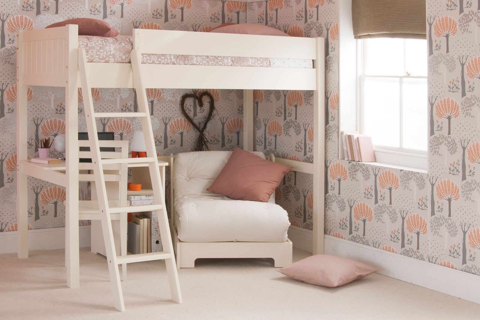 Fargo High Sleeper Loft Bed with Futon and Storage Desk in Ivory White