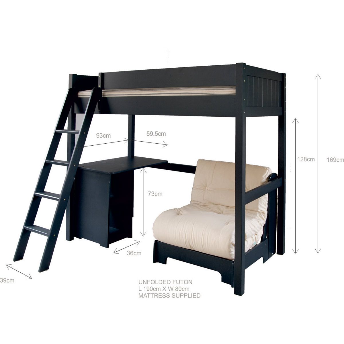 Fargo High Sleeper Loft Bed with Futon and Storage Desk in Farleigh Grey