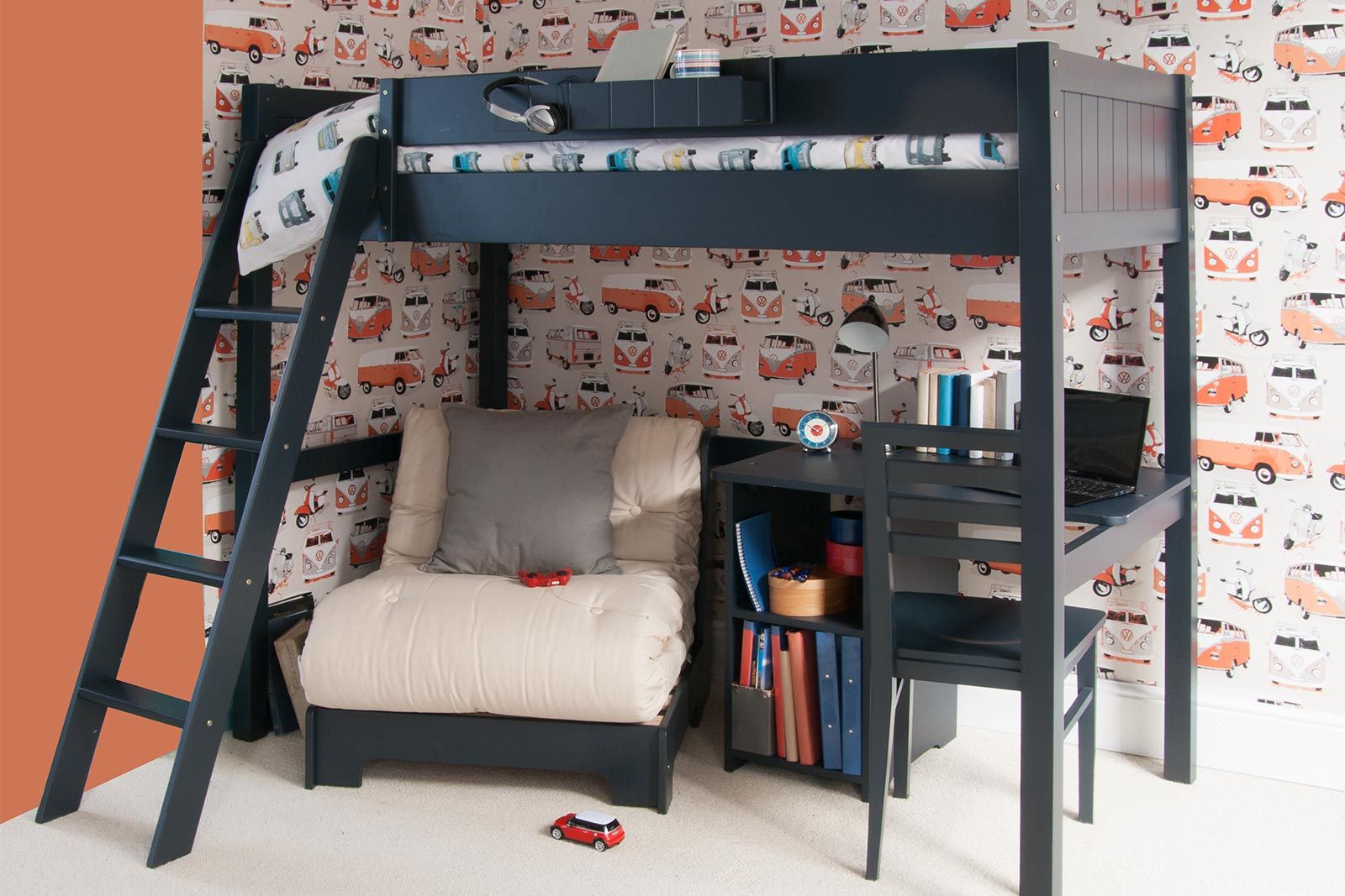 Fargo High Sleeper Loft Bed with Futon and Storage Desk in Painswick Blue