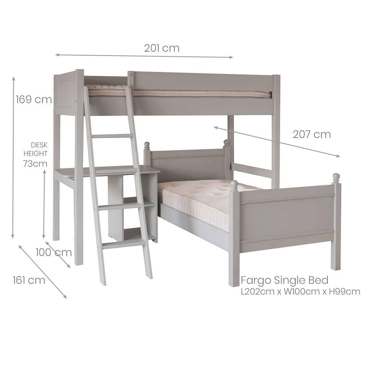 Measurements for the Fargo high sleeper loft bed with single bed & storage desk, Farleigh Grey 