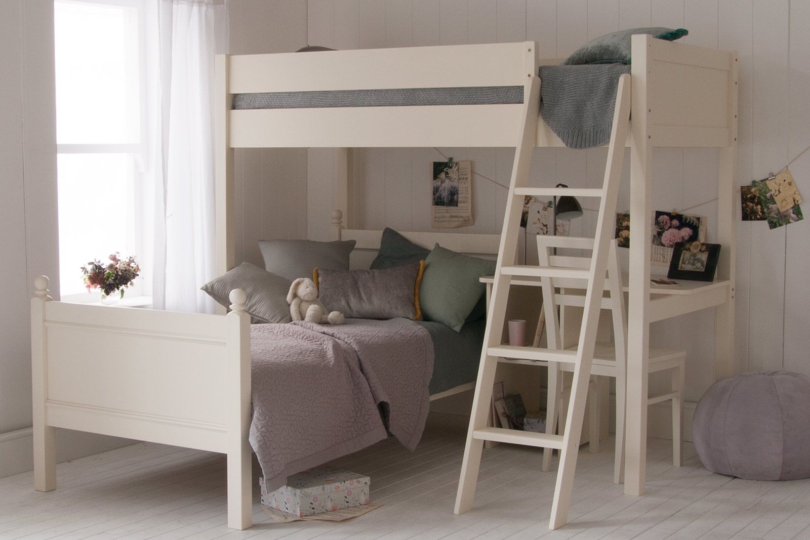 Fargo High Sleeper Loft Bed with Single Bed & Storage Desk in Ivory White