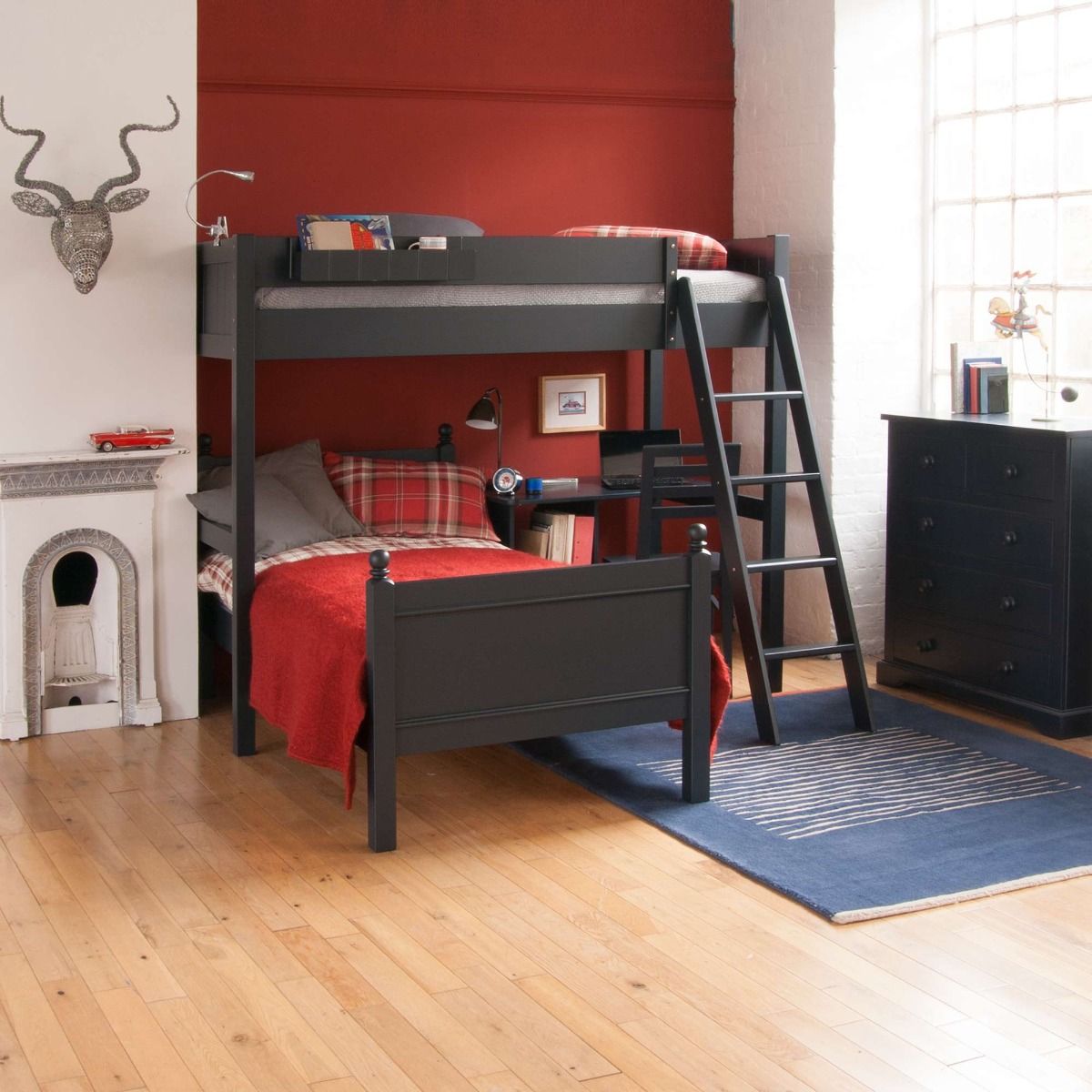 Fargo High Sleeper Loft Bed with Single Bed & Storage Desk in Painswick Blue
