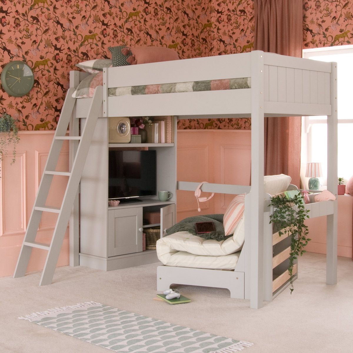 Fargo High Sleeper Loft Bed with Futon and Media Storage Cabinet - Farleigh Grey