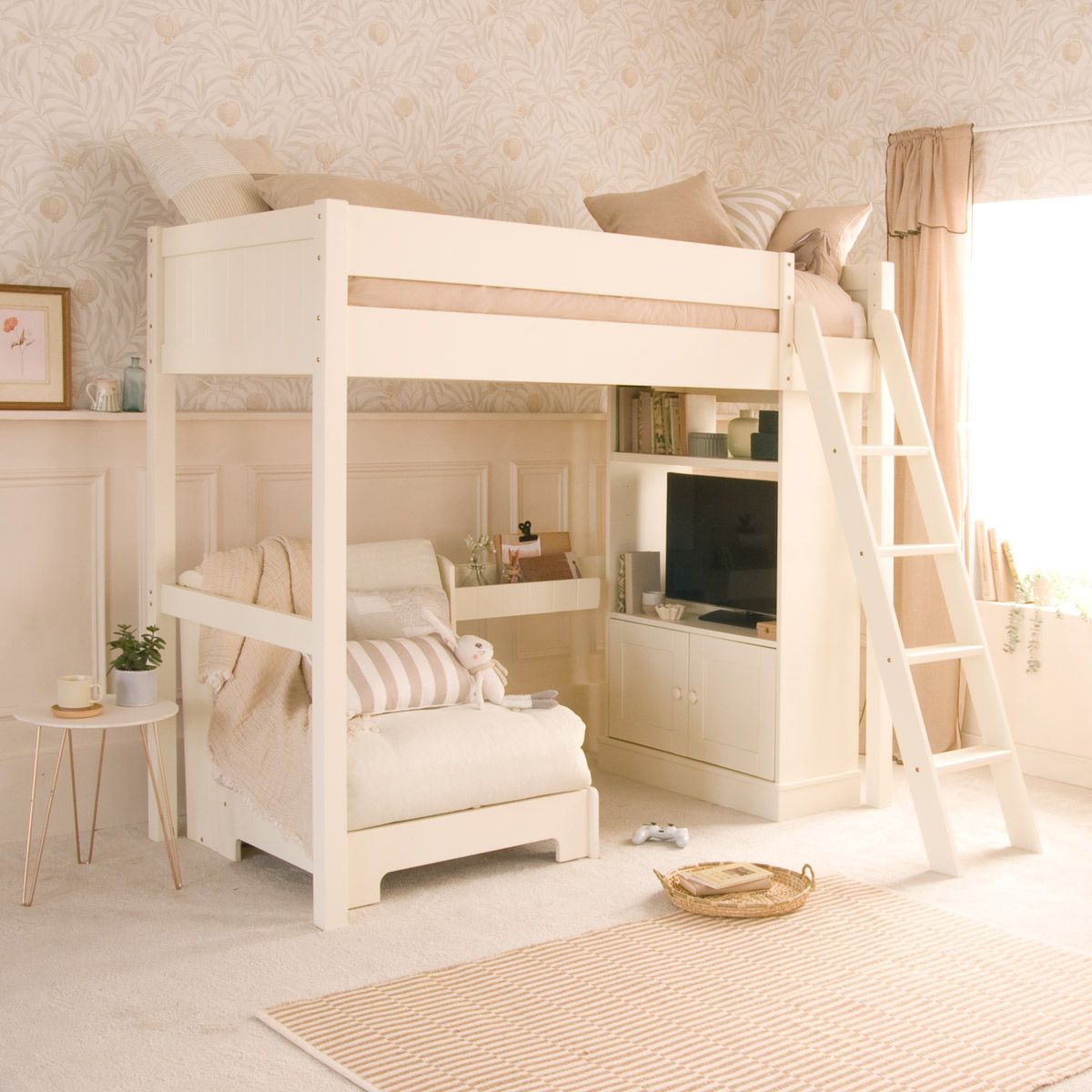 Fargo High Sleeper Loft Bed with Futon and Media Storage Cabinet - Ivory White