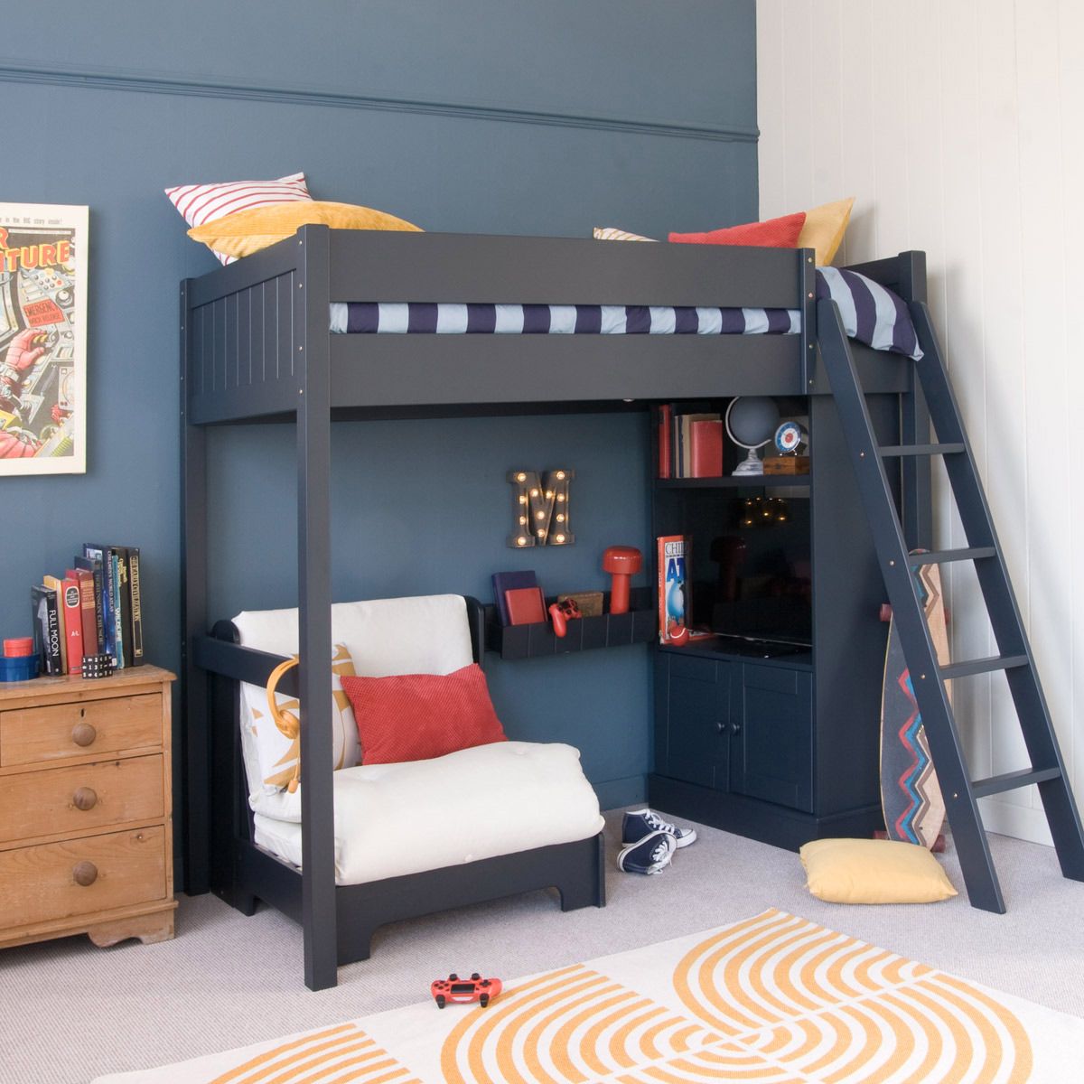 Fargo High Sleeper Loft Bed with Futon and Media Storage Cabinet - Painswick Blue