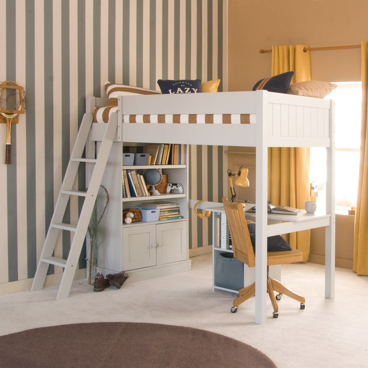 Fargo High Sleeper Loft Bed with Desk and Media Storage Bookcase - Farleigh Grey