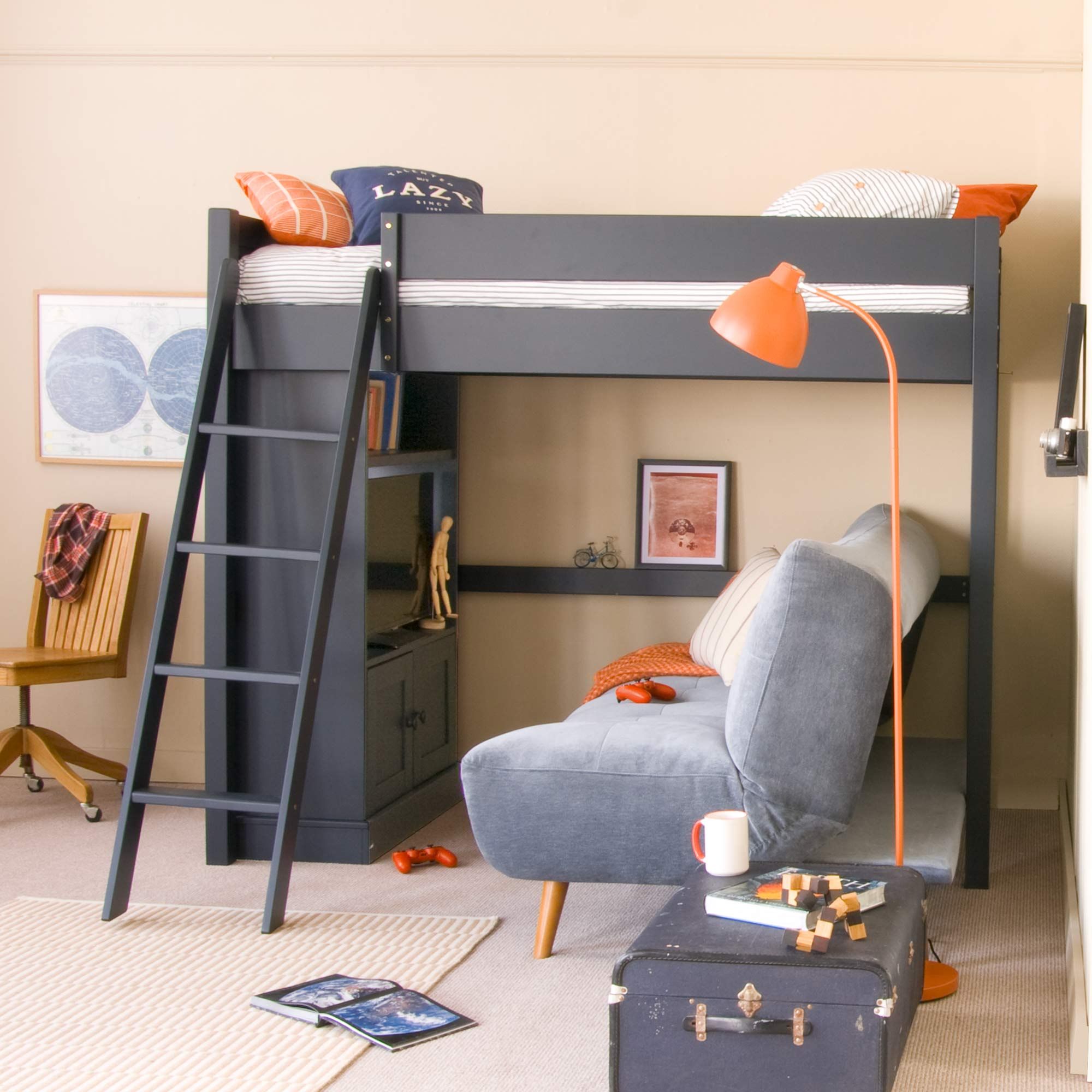 Fargo High Sleeper Loft Bed with Media Unit and Sofa Bed in Painswick Blue