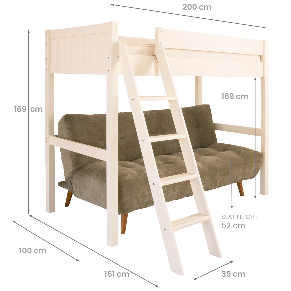 Dimensions of white high sleeper Fargo loft bed, with a sofa bed underneath