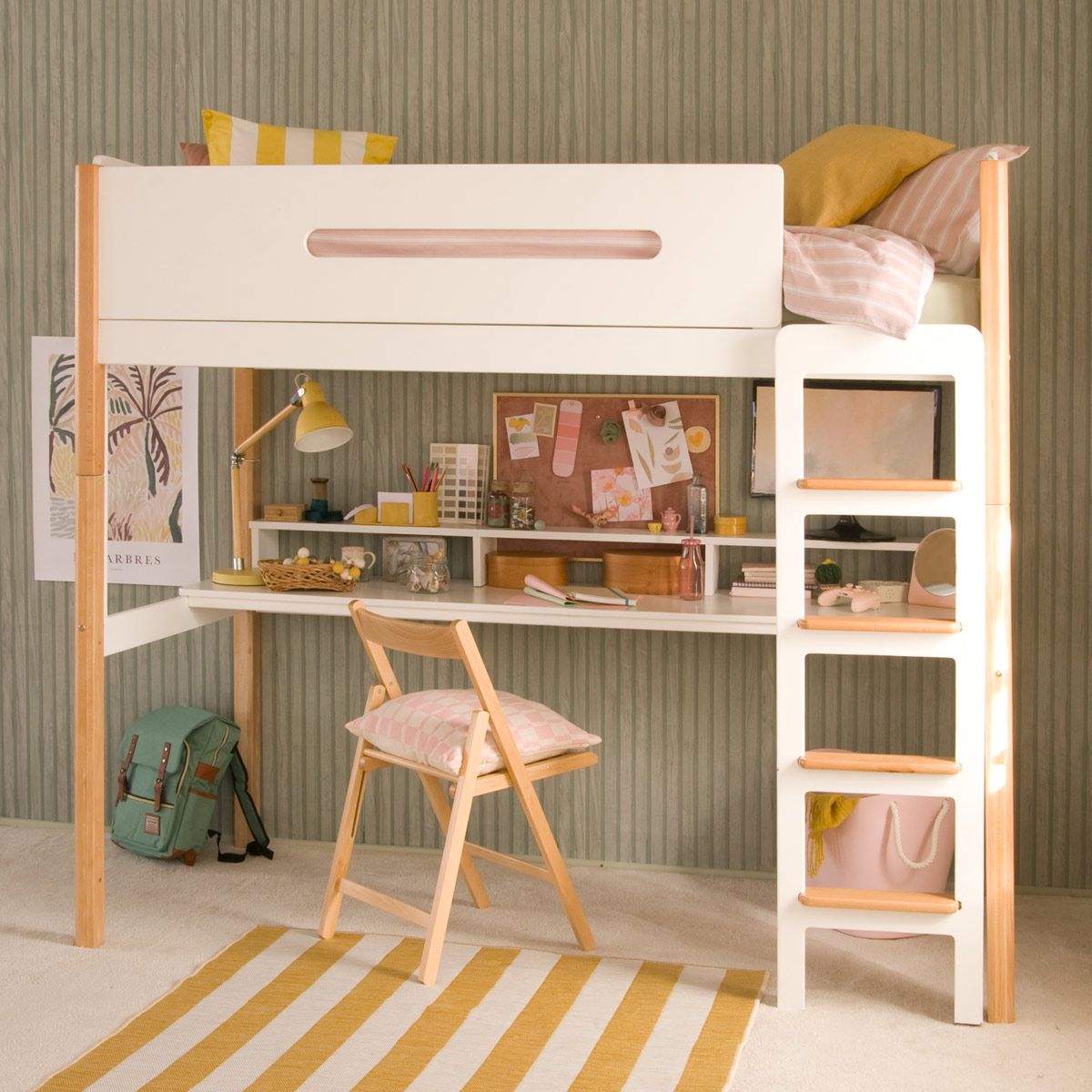 EDIT High Sleeper Loft Bed with Full Length Desk in Natural and White 