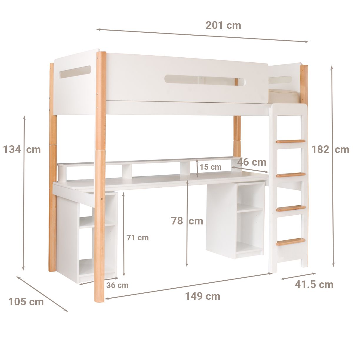 Edit loft bed with gaming desk, hutch and pedestals with dimensions.