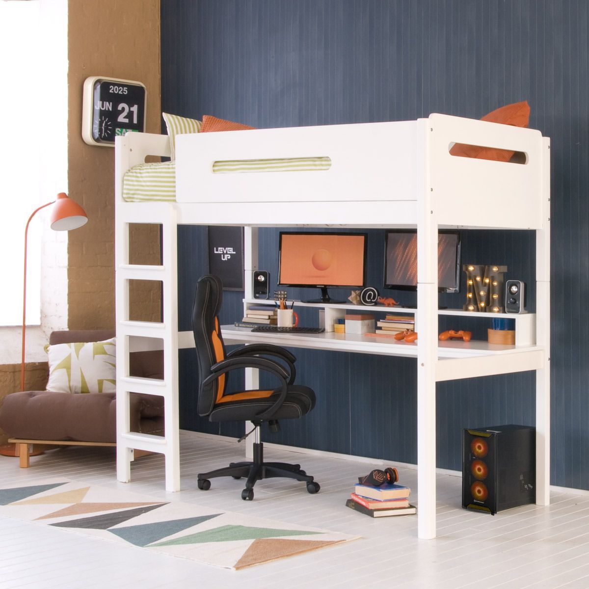 EDIT High Sleeper Loft Bed with Full Length Desk in Pure White 