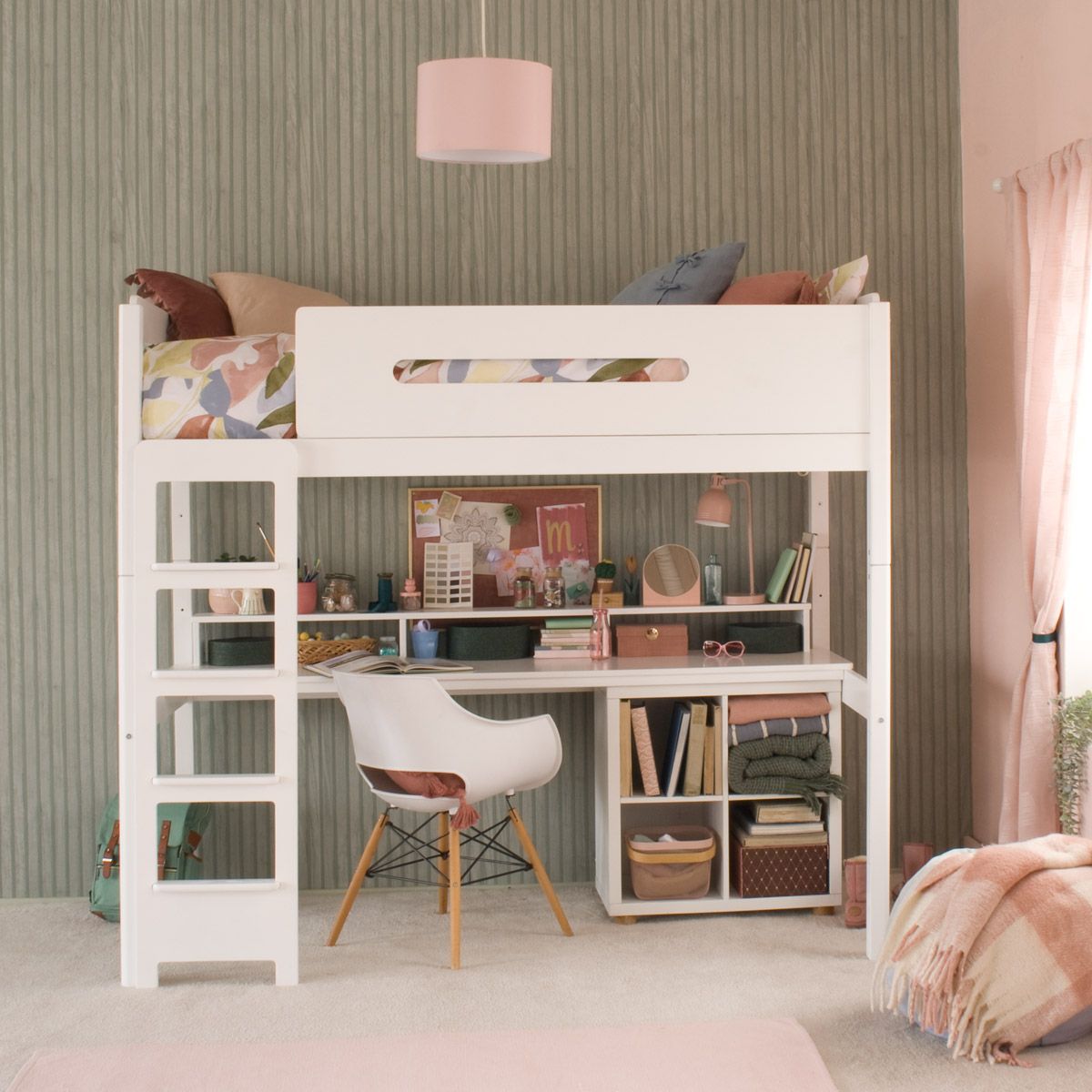 EDIT High Sleeper Loft Bed with Full Length Desk and Storage in Pure White