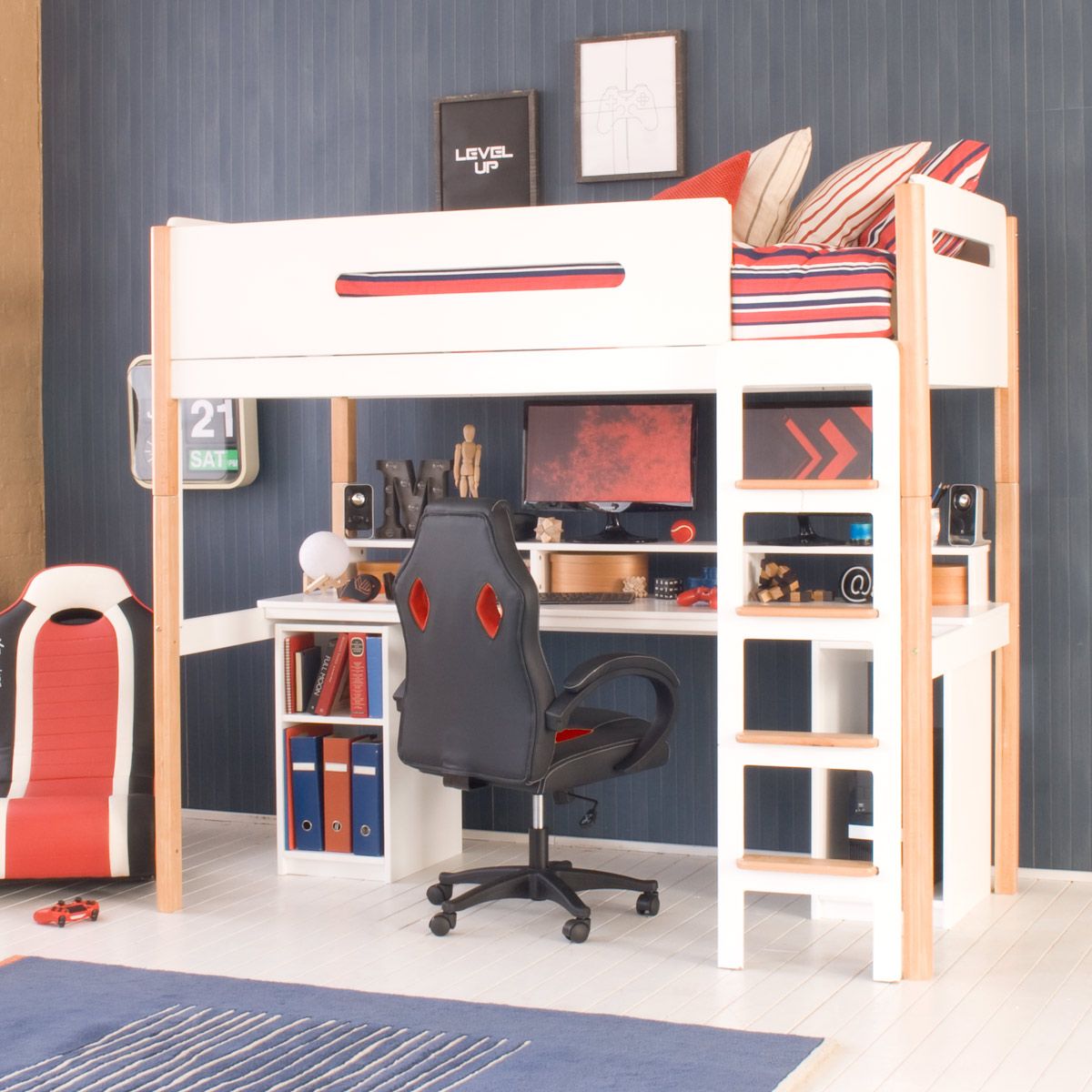 EDIT High Sleeper Loft Bed with Pedestal Desk in Natural and White