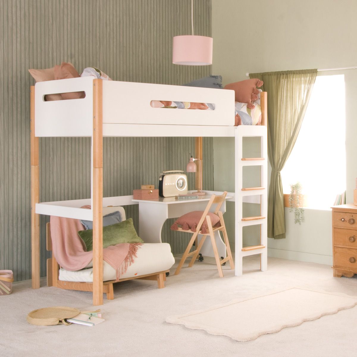 EDIT High Sleeper Loft Bed with Desk and Futon Chair Bed - Natural and White
