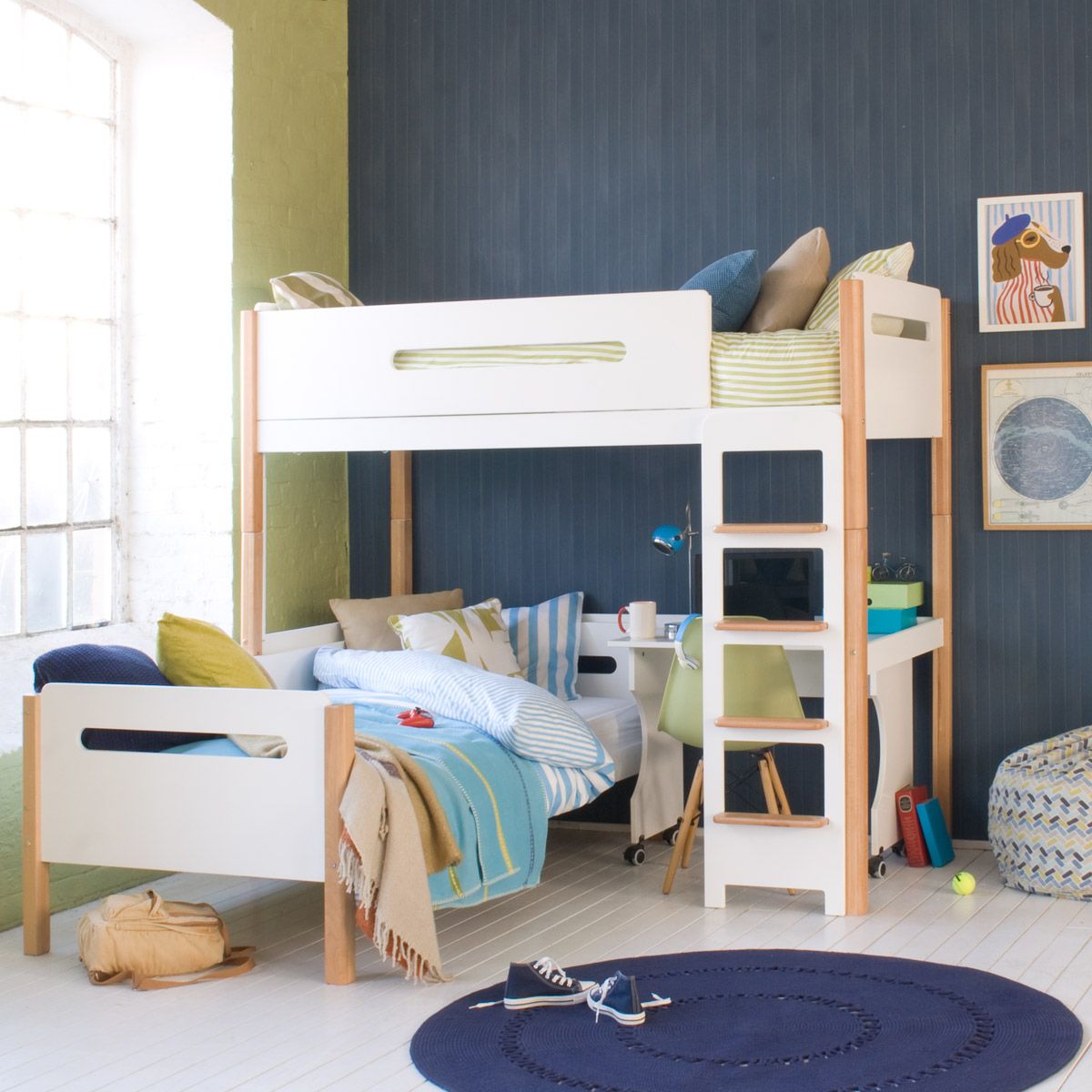 EDIT High Sleeper Loft Bed with Daybed and Desk in Natural and White