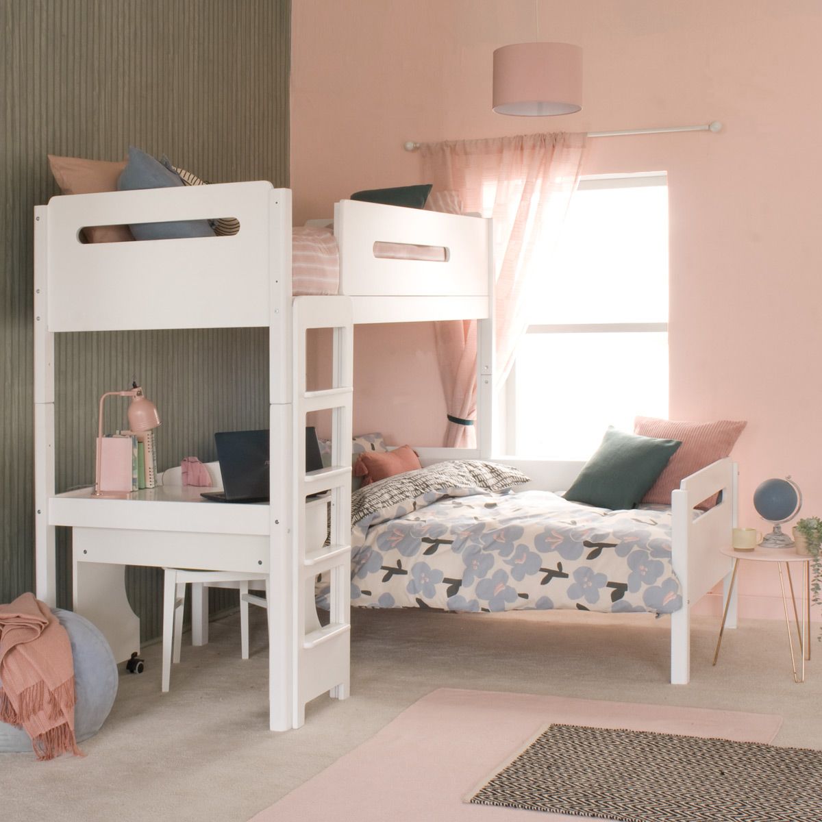 EDIT High Sleeper Loft Bed with Daybed and Desk in Pure White