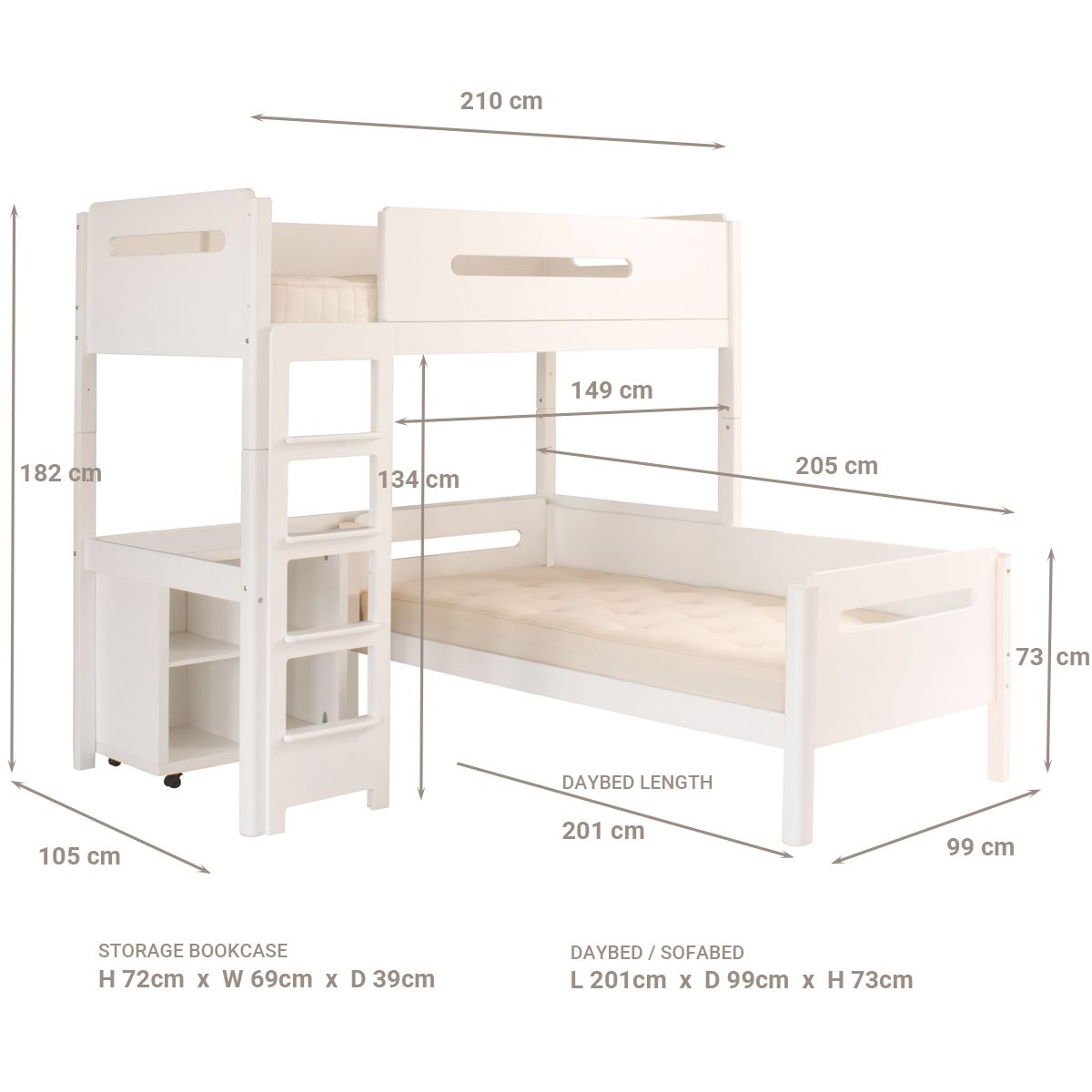 White loft bunk bed with day bed underneath and storage to the side