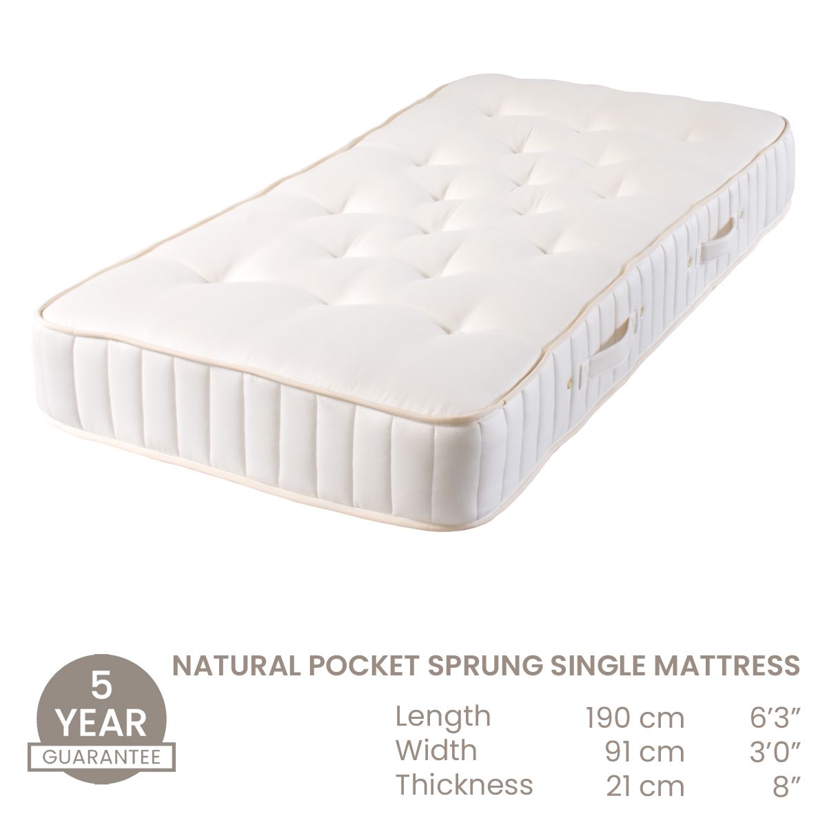Dimensions of Natural Wool, chemical-free Single Mattress for children