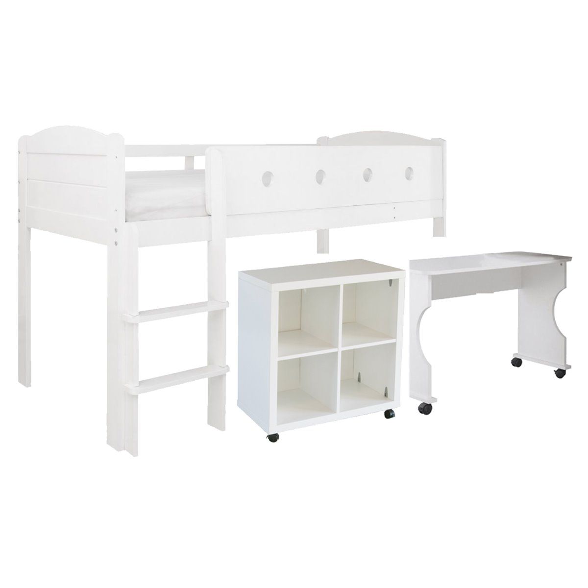CUBIX Mid Sleeper with Storage Bookcase & Roll out Desk in Pure White