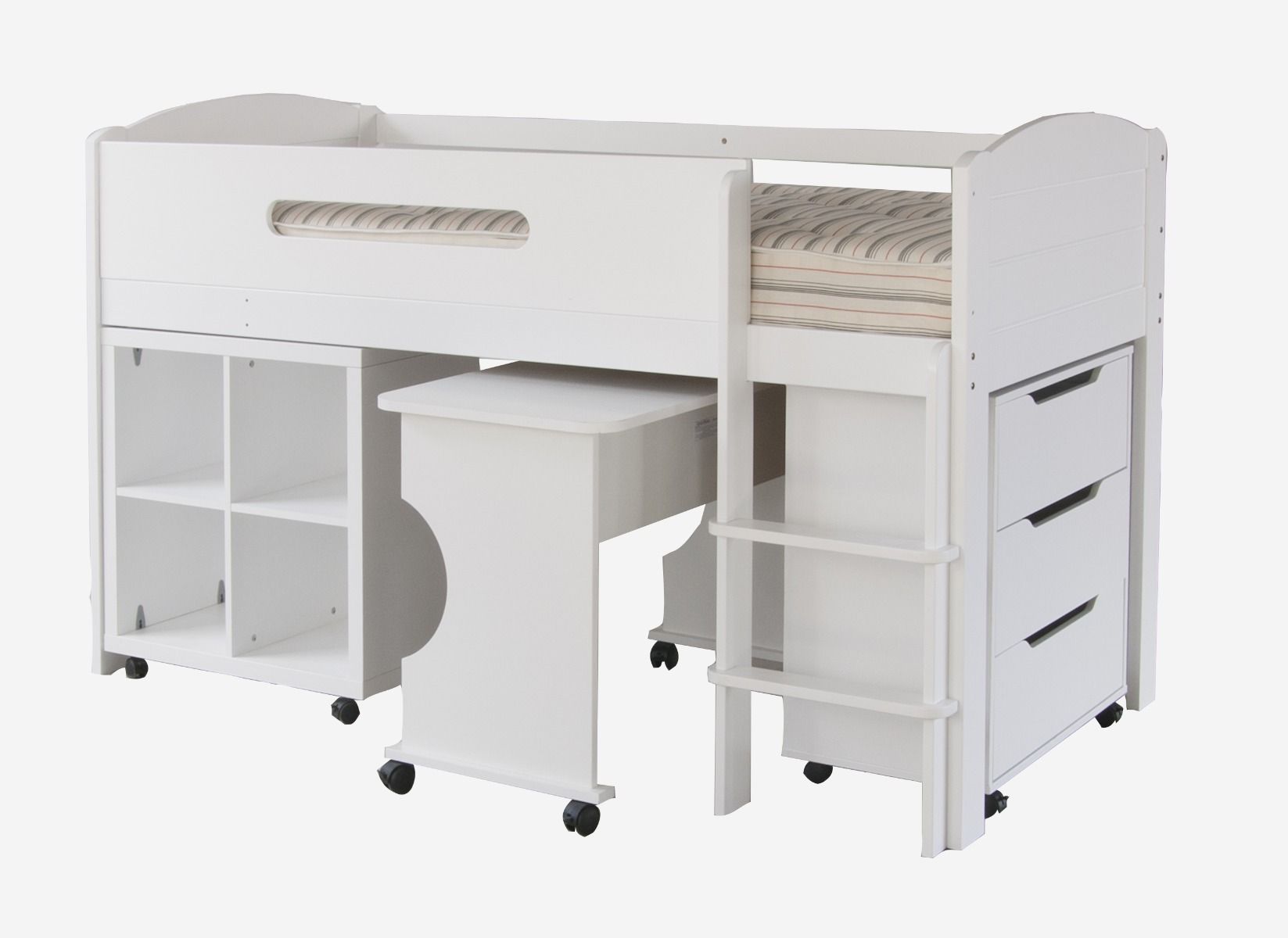 Lozenge Mid Sleeper with Chest of Drawers, Storage Bookcase & Roll out Desk