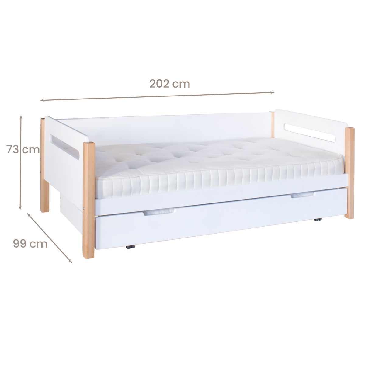 natural and white Edit day bed with trundle underneath and dimensions on 