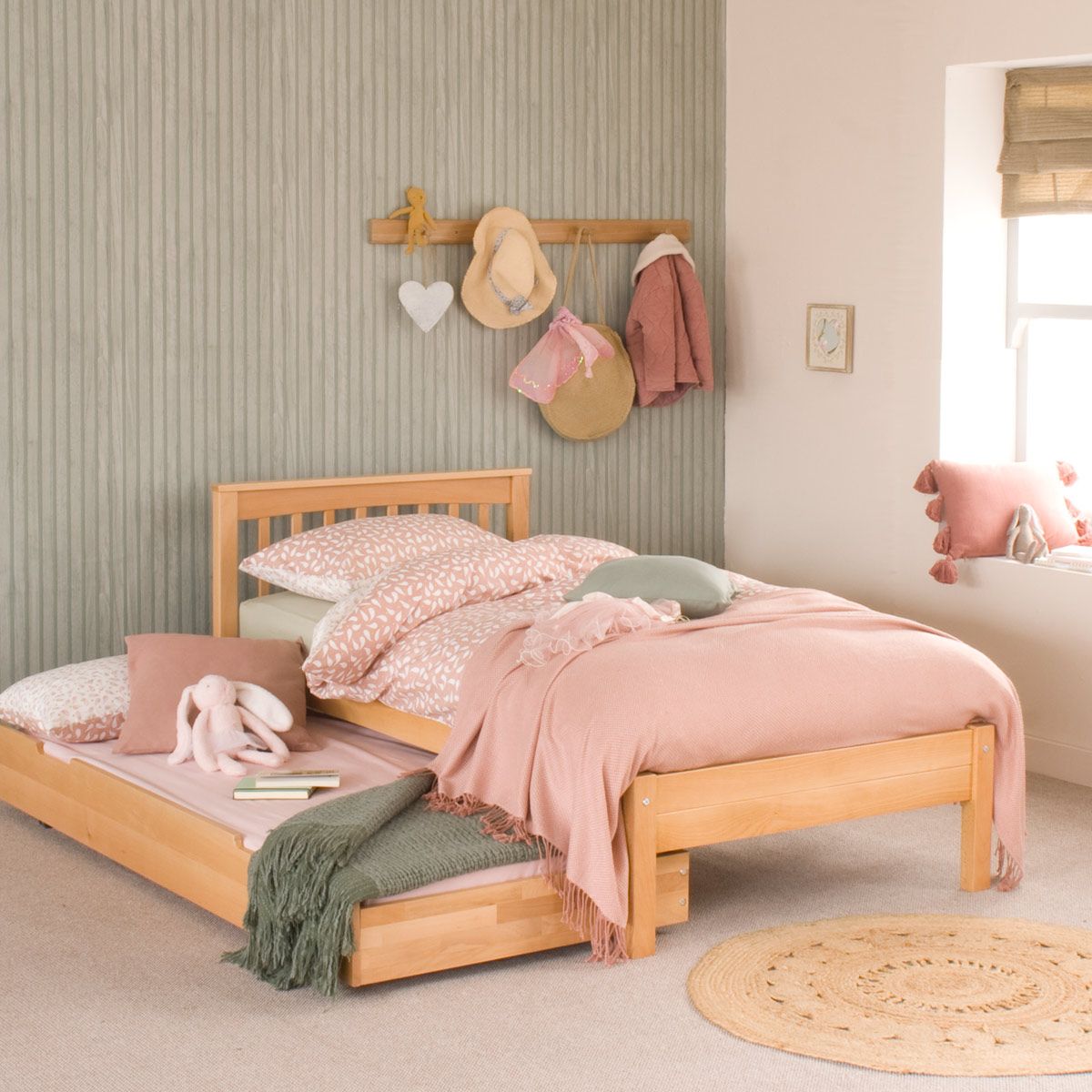 Natural Beech Single Bed with Sleepover+Storage Trundle
